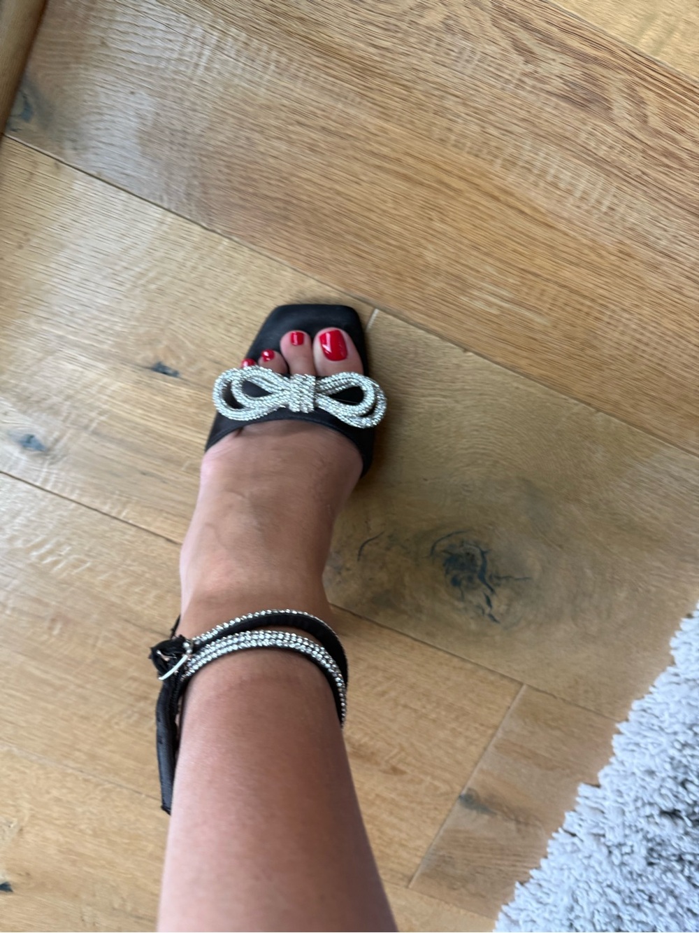 Call It Spring Black Heels with Crystal Bow and Rhinestone Ankle Strap